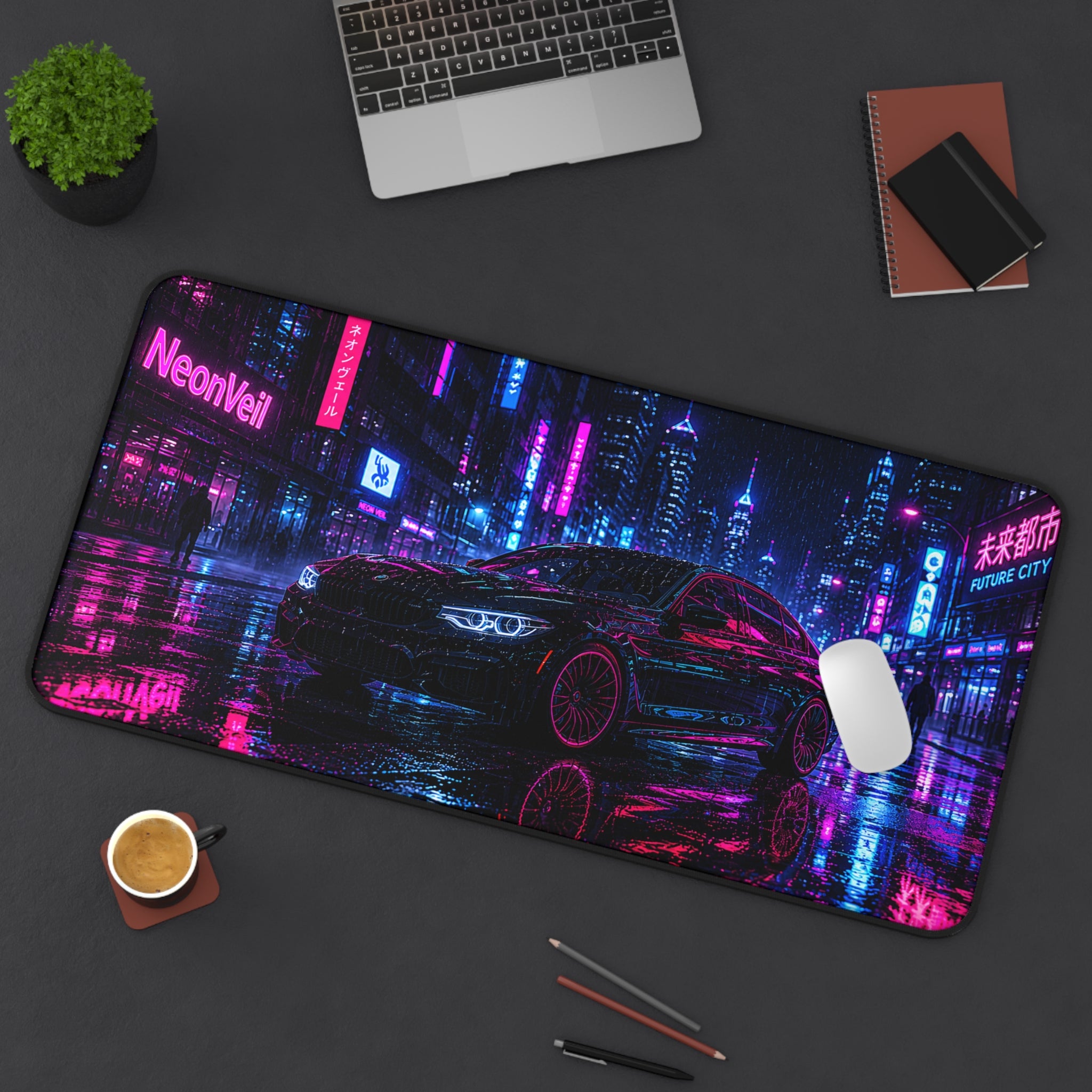 Neon City Car Desk Mat | Cyberpunk Gaming & Office Mouse Pad